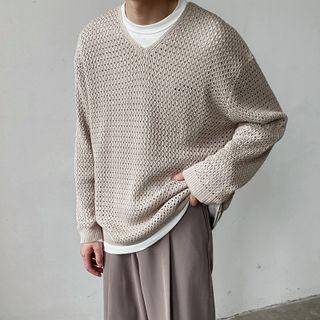 Long-sleeve V-neck Plain Cutout Sweater