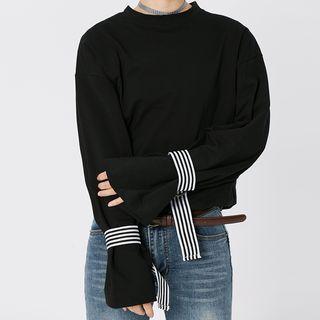 Long-sleeve Striped Strap Cuff T-shirt