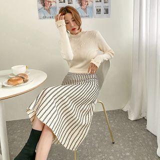Knit Set: Lettuce-edge Top + Geo Pattern Skirt Beige - One Size