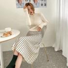 Knit Set: Lettuce-edge Top + Geo Pattern Skirt Beige - One Size