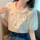 Puff-sleeve Ruffle Trim Embroidered Floral Chiffon Blouse