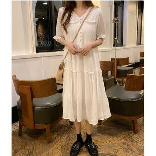 Elbow-sleeve Frill Trim Midi Dress White - One Size