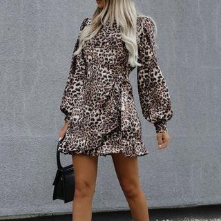 Bishop-sleeve Leopard Print Mini A-line Dress