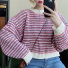 Striped Mock-neck Sweater Stripe - Wine Red - One Size