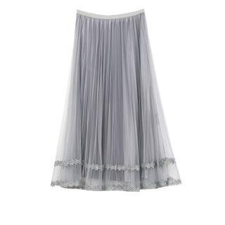 Pleated Mesh Overlay A-line Midi Skirt