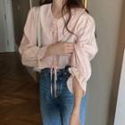 Bell-sleeve Collared Blouse Pink - One Size