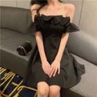 Cold Shoulder Short-sleeve A-line Dress Black - One Size