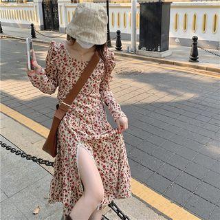 Long-sleeve Floral A-line Midi Dress Red Floral - Beige - One Size
