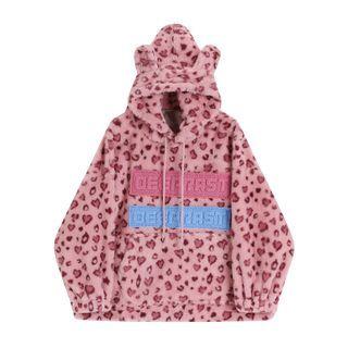 Lettering Leopard Print Fleece Hoodie Pink - One Size