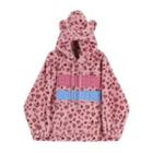Lettering Leopard Print Fleece Hoodie Pink - One Size