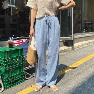 Drawstring-waist Wide-leg Linen Blend Pants
