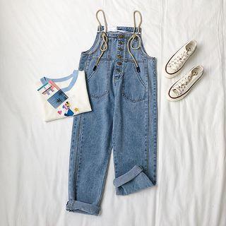 Front Pocket Buttoned Straight-cut Denim Jumper Pants