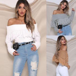 Off-shoulder Long-sleeve Fringed Knit Top