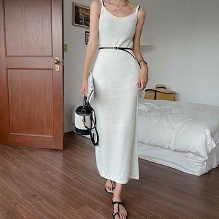 Spaghetti-strap Knit Long Dress With Belt