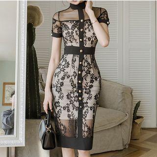 Button Detail Stand Collar Short-sleeve Lace Dress