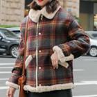 Plaid Fleece-lined Snap-buttoned Coat