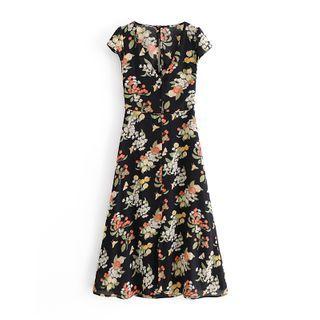 V-neck Floral Midi A-line Dress