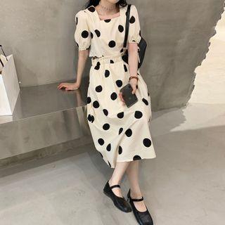 Puff-sleeve Print Cutout Midi A-line Dress