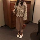 Leopard Print Buttoned Jacket / Long-sleeve Stand Collar Top / Midi Pleated Skirt