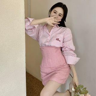 Striped Shirt / Mini Pencil Skirt