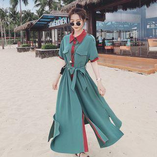 Color Block Elastic-waist Short-sleeve Skirt