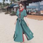 Color Block Elastic-waist Short-sleeve Skirt