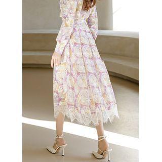 Lace-hem Jacquard Chiffon Long Skirt