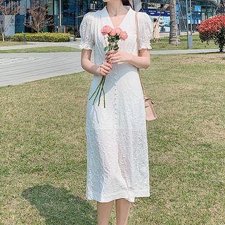 Puff-sleeve Open-collar Midi A-line Chiffon Dress
