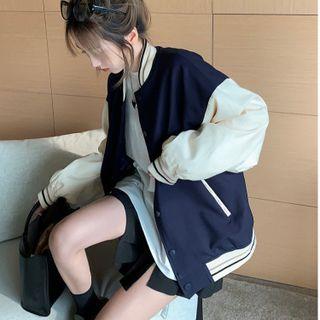 Two-tone Panel Baseball Jacket Dark Blue & Almond - One Size