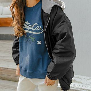 Plus Size Contrast-hooded Zip-up Flight Jacket