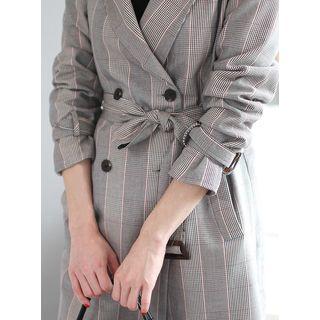 Double-breasted Check-patterned Long Jacket