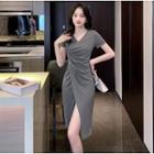 Short-sleeve V-neck Shirred Midi A-line Dress