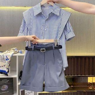 Set: Short-sleeve Striped Shirt + Loose Fit Shorts