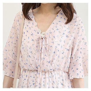 Wrap-front Floral Pattern Flare Dress