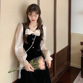 Mock Two-piece Mesh Long-sleeve Panel Velvet Dress Black - One Size