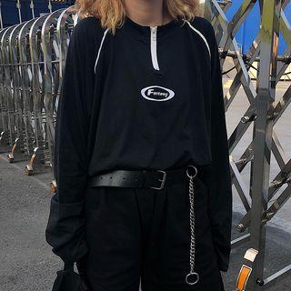 Long-sleeve Half-zip Lettering T-shirt Black - One Size