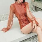 Open Back Mesh Panel Long-sleeve Swimsuit