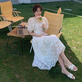 Flower Puff-sleeve Maxi Skirt