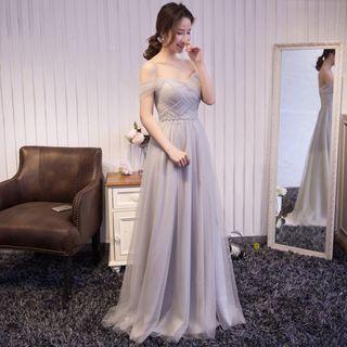 Off-shoulder Woven Front Evening Gown