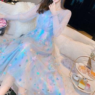 Bell-sleeve Embroidered Midi Mesh Dress