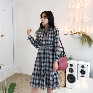 Tie-neck Ruffle-hem Plaid Dress Black - One Size