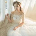 Elbow Sleeve Off Shoulder Lace Wedding Ball Gown