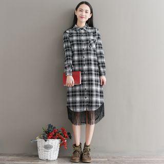 Fringed Hem Plaid Shirtdress