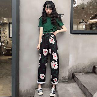 Drawstring Short-sleeve Cropped T-shirt / Flower Print Wide-leg Pants
