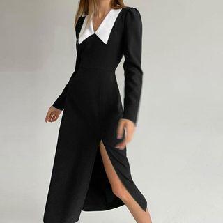 Long-sleeve Collared Slit Midi A-line Dress