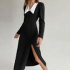 Long-sleeve Collared Slit Midi A-line Dress