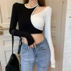 Mock Two-piece Cold-shoulder Crop T-shirt Black - One Size