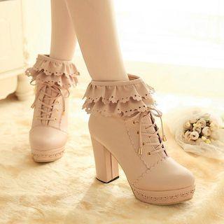 Frill Trim Lace-up Chunky-heel Short Boots