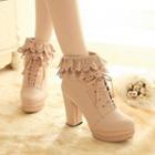 Frill Trim Lace-up Chunky-heel Short Boots