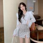 Eyelet Lace Blouse / Sequined Mini Pencil Skirt